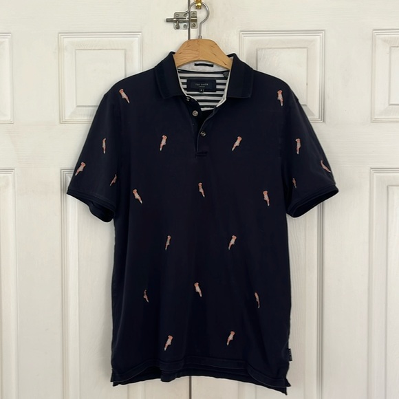 TED BAKER Polo Shirt Blue Bird parrot Embroidered Casual - Picture 1 of 5
